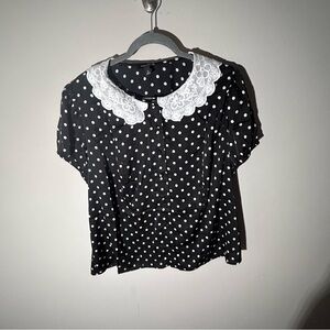 Torrid Black Polka Dot Blouse with White Lace Collar